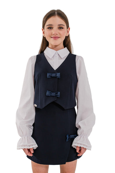STEFFY - Vesta din stofa cu fundite pentru uniforma scolara de fete, bleumarin